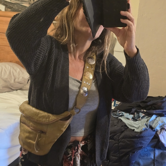 Free People Olive Leather Shoulder Bag with Silver Accents - Picture 9 of 9